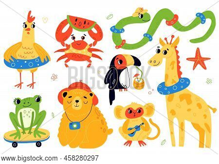 Cute Beach Animals. Resting Happy Cartoon Characters, Cute Funny Frog, Crab With Watermelon, Snake A