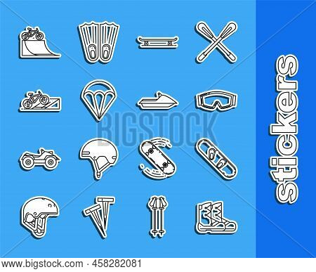 Set Line Boots, Snowboard, Ski Goggles, Skateboard, Parachute, Bicycle On Street Ramp, And Jet Ski I