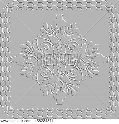 Textured Floral Vector 3d Seamless Pattern. White Embossed Background. Lacy Square Frame, Border. Re