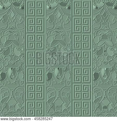 Emboss Greek 3d Seamless Pattern. Embossed Relief Green Background. Greek Key Meanders Surface Borde