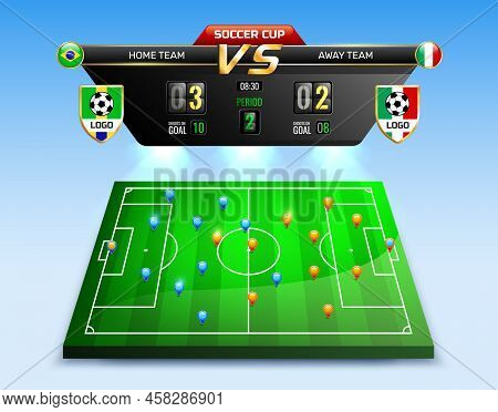 Broadcast Of Soccer Tournament, Composition On Blue Background With Information Board And Players Pl