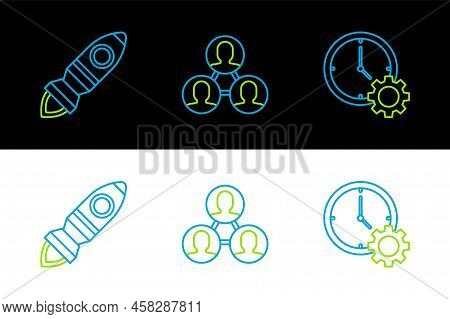 Set Line Time Management, Rocket Ship With Fire And Project Team Base Icon. Vector