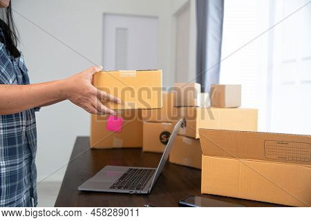 Closeup View Of Female Online Store Small Business Owner Seller Entrepreneur Packing Package Post Sh