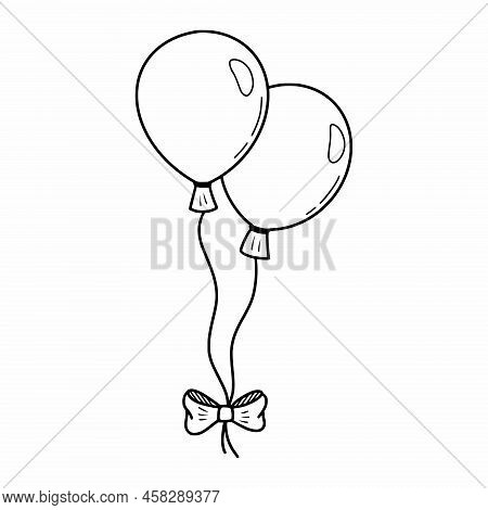 Two Balloons With Bow. Decor For Holiday. Vector Doodle Illustration. Hand Drawn.