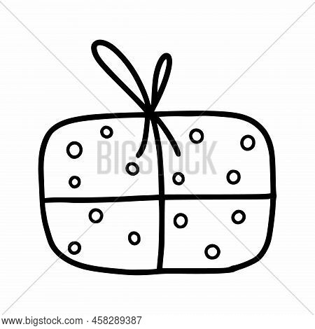 Gift For Holiday. Box With Bow. Packing Paper. Vector Doodle Illustration.