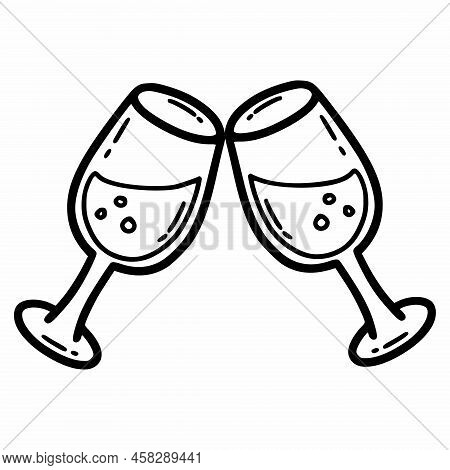 Two Glasses Of Champagne. Glass Of Wine. Vector Doodle Illustration. Sketch.
