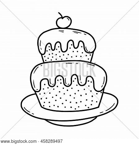 Birthday Cake With Cherries. Vector Doodle Illustration. Sketch.