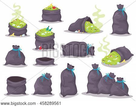 Set Of Trash Bags With Smelly Garbage. Black Sacks Full Of Litter In Cartoon Style, Heaps Of Rubbish