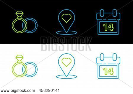 Set Line Calendar With February 14, Wedding Rings And Map Pointer Heart Icon. Vector