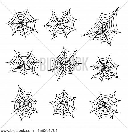 Set Of Black Silhouettes Of Spider Web. Spooky Horror Design Decoration For Halloween Party. Spooky 