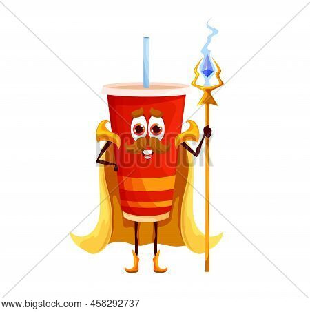 Cartoon Soda Drink Sorcerer Character. Fast Food Sweet Drink Cup With Straw Cheerful Character Or Ha