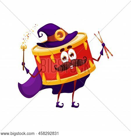 Cartoon Drum Wizard Character. Isolated Vector Magician Percussion Instrument With Wand And Drumstic