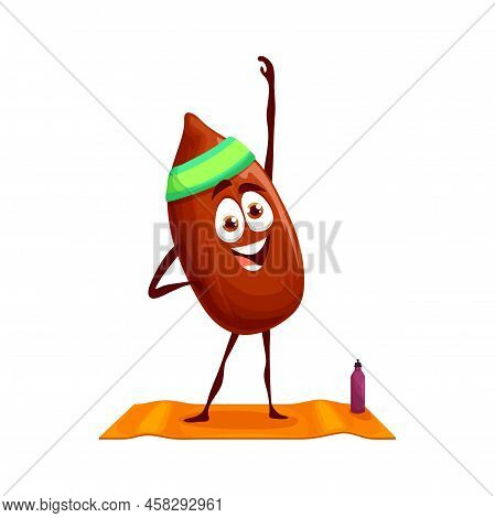 Cartoon Almond Nut Happy Character On Yoga Or Fitness Sport. Vector Funny Smiling Sportsman Seed Per