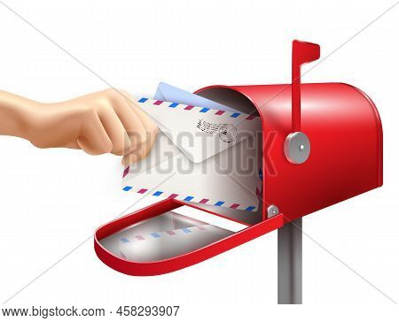 Realistic Post Mailbox Letter Hand Composition With Images Of Human Hand Envelopes And Classic Mail 