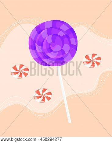 Sweets Store Sticker. Purple Lollipop On Stick. Delicious Caramel Dessert With Sugar For Kids. Card 