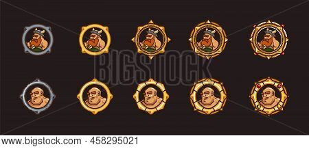 Viking And Warrior Game Avatars In Gold Ranking Frames. Vector Cartoon Set Of Badges With Heads Of C