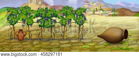 Georgian Landscape In Pirosmani Style. Digital Painting Background, Illustration.