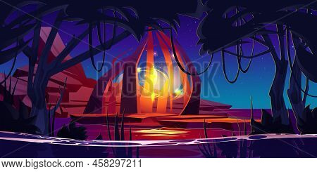 Magic Portal In Tropical Forest On Stone Platform Near Water Pond, Mysterious Night Landscape. Carto