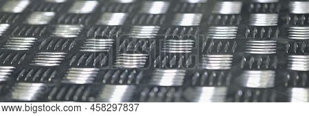 Close-up Of Seamless Metal Floor Plate With Diamond Pattern, Antislip Stainless Steel Sheet. Ribbed 