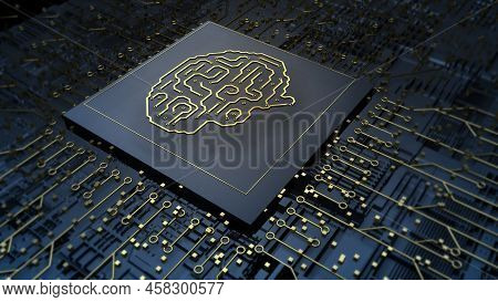 3d Computer Chip Cpu With Human Brain. Processor On Technology Board. Ai, Science, Data, Network Con