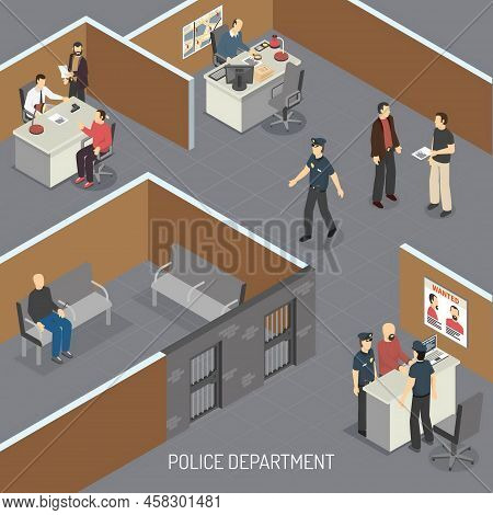 Police Department Interior Isometric Composition With Crime Suspect In Pretrial Provisional Detentio