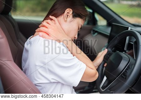 Woman With Her Shoulder And Neck Sprain While Driving Car Long Time, Muscle Painful. Shoulder Ache, 