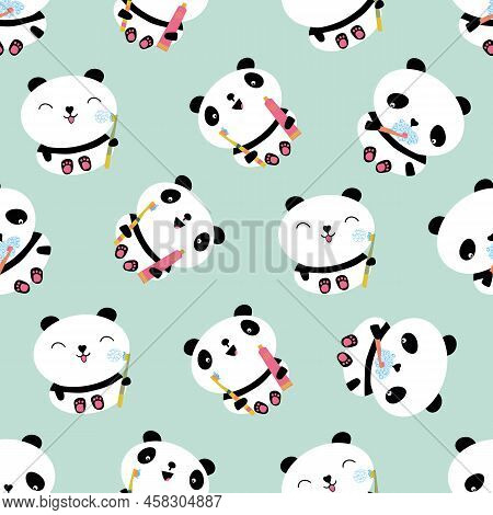 Kawaii Panda Kids Dental Health Care Vector Educational Seamless Pattern Background. Cute Cartoon Be