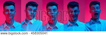 Set Of Young Closeup Mans Portraits With Different Emotions, Facial Expressions Isolated Over Magent