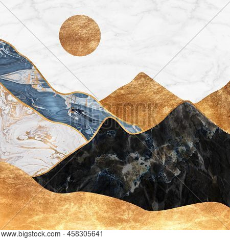 Gold Mountain Wallpaper Design With Landscape Line Arts, Golden Luxury Background Design For Cover, 