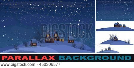 Village. Rural Houses In Winter. Set Parallax Effect. Christmasc Night. Quiet Frosty Evening. Starry