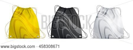 Three Colored Realistic Drawstring Bags With Print On White Background Isolated Vector Illustration