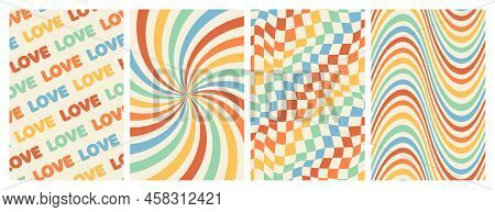 Groovy Rainbow Backgrounds. Checkerboard, Chessboard, Mesh, Waves, Swirl, Twirl Pattern. Twisted And