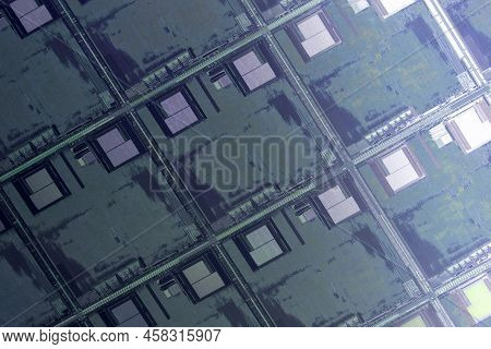 Silicon Monocrystalline Wafer With Microchips After Photolithography Etching Manufacturing Used In F