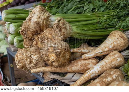 Celery And Horseradish Roots On A Stall In A Market In Haifa In Israel