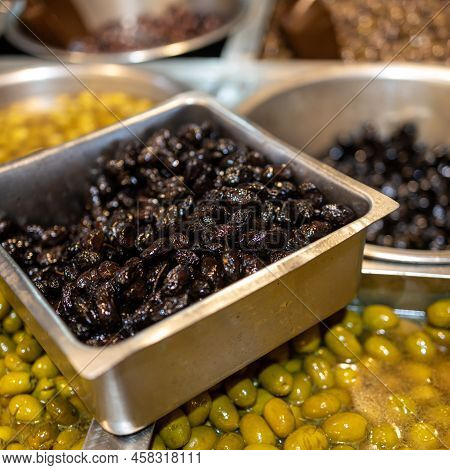 Various Olives At A Farmers' Market In Haif
