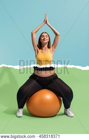 Conceptual Collage With Young Slim Girl With Plus-size Womans Body Doing Exercises Isolated On Color
