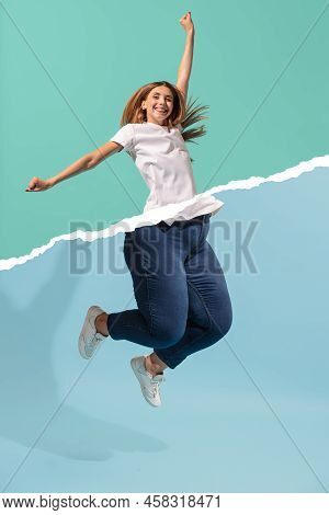 Creative Art Collage With Young Slim Girl And Plus-size Woman Wearing Sport Uniform Isolated On Blue