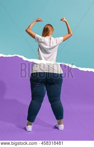 Back View. Collage With Beautiful Thin Girl With Body Of Plus-size Woman Isolated On Colorful Backgr