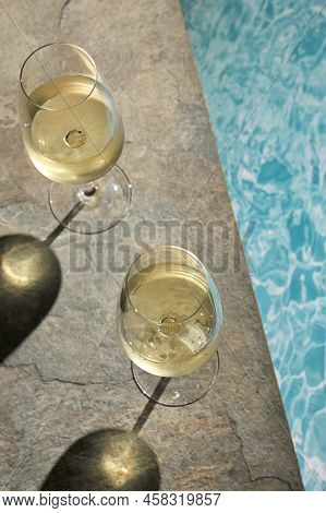 Closeup Summer White Wine Glass Near Pool