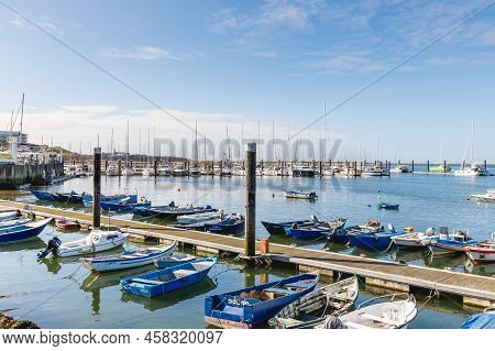 Porto, Portugal - October 23, 2020: Small Fishing Boats In The Fishing Port Of Afurada At The Exit O
