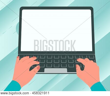 Illustration Of A Busy Hand Working On Laptop Searching For New Wonderful Ideas. Palm Drawing Active