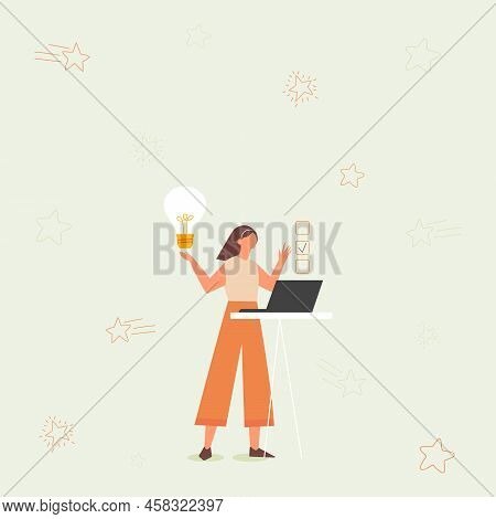 Illustration Of Girl Using Laptop Having New Amazing Ideas And Making Checklist. Lady Drawing Workin