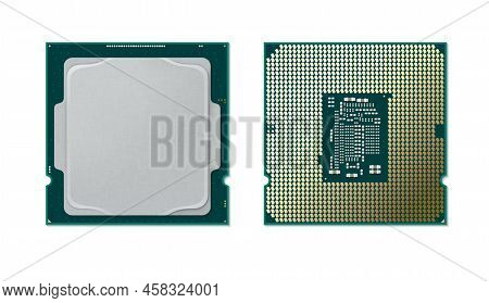 Computer Processor Semiconductor Microchip Front Side View Set Realistic Vector Illustration