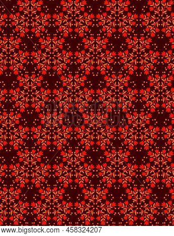 Decorative Botanical Pattern Of Red Tulips And Orange Leaves Isolated On A Dark Brown Background Fla