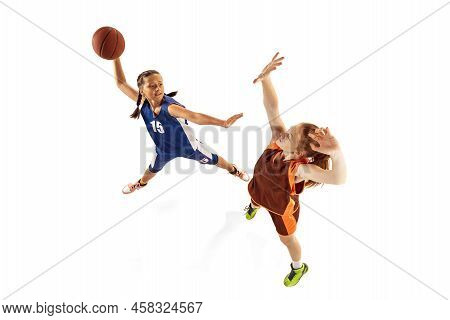 Aerial View Of Female Basketball Players, Young Girls, Teen Playing Basketball Isolated On White Bac