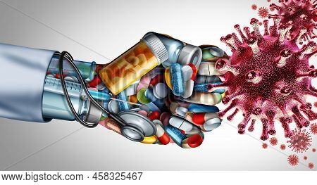 Health Care Virus Fight And Fighting Disease As A Docor Or Nurse Fist Made Of Medical Equipment Atta