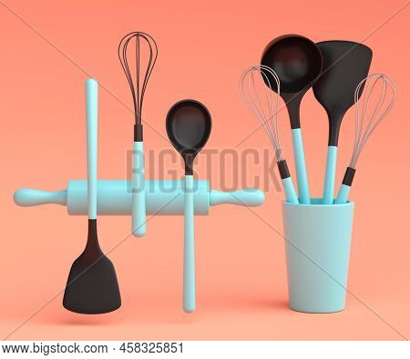 Wooden Kitchen Utensils, Tools And Equipment On Coral Background.