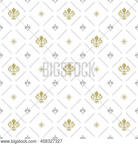 Seamless Vector Pattern. Modern Geometric Ornament With Golden Royal Lilies. Classic Light Backgroun