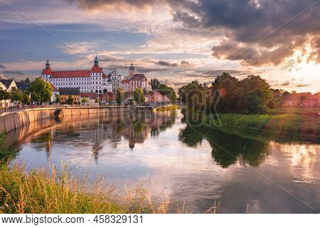 Neuburg An Der Donau, Germany. Cityscape Image Of Neuburg An Der Donau, Germany At Summer Sunset.