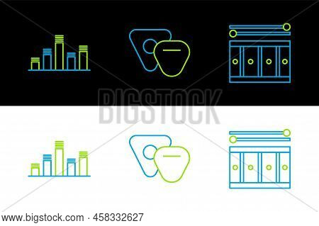 Set Line Drum With Drum Sticks, Music Equalizer And Guitar Pick Icon. Vector